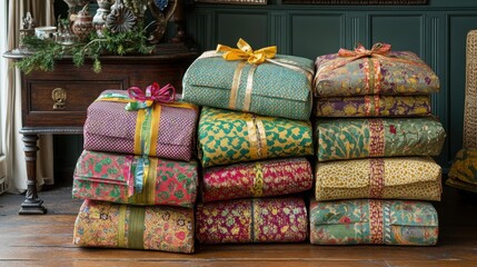 Wall Mural - Colorful Stacked Gift Boxes with Decorative Ribbons and Patterns in a Cozy Interior Setting