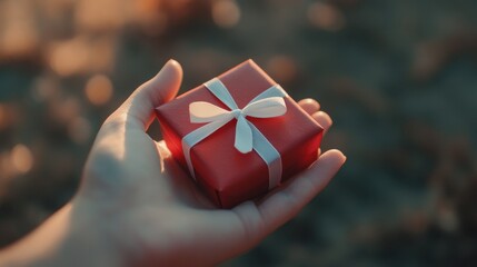 Wall Mural - Close-up of a Hand Holding a Small Red Gift Box with a White Ribbon, Symbolizing Generosity, Celebration, and Joy in a Softly Blurred Outdoor Setting