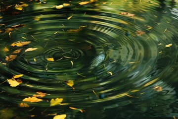 Poster - Swirling water with fallen autumn leaves creating ripples in a serene pond during a peaceful afternoon