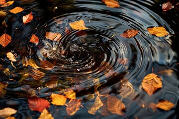 Poster - Swirling water with fallen autumn leaves creating ripples in a serene pond during a peaceful afternoon