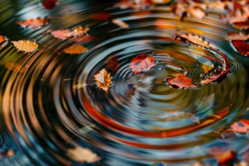 Poster - Swirling water with fallen autumn leaves creating ripples in a serene pond during a peaceful afternoon