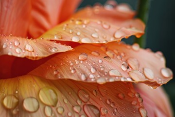 Aufkleber - Close-up view of a light orange flower petal with raindrops glistening under natural light showcasing nature's delicate beauty