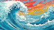 © Andrey Shtepa - Colorful mosaic-style artwork of a dynamic ocean wave with a warm sunset sky. Features vibrant blue and turquoise shades for the wave and orange and yellow hues for the sky. For decorative prints