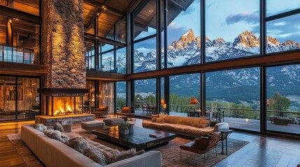 Wall Mural - Luxurious living room with stunning mountain view, fireplace, large windows, and comfortable furniture.