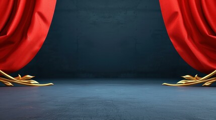 Wall Mural - a dramatic stage set awaits, draped in rich red, adorned with gold frames, and shrouded in mysteriou