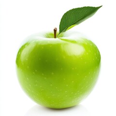 A fresh green apple with a leaf, isolated on a white background.