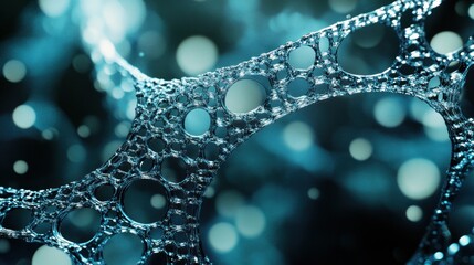 Abstract blue metallic network structure with bokeh background.