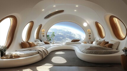 Wall Mural - A futuristic bedroom with panoramic views of Earth, designed for relaxation and comfort.