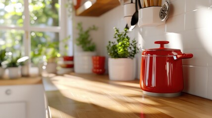 Sunlit modern kitchen countertop with red pot and plants