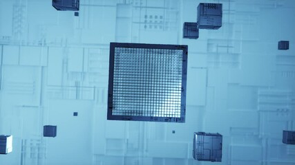 High tech chip array animation, processor industrial production. Future technology CPU circuit processor chip virtual computer animation, robotic electronic production, manufacturing.