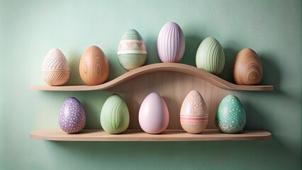 Wall Mural - Decorative Easter Eggs on a Wooden Shelf Display