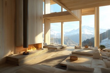 Wall Mural - Modern wooden living room with fireplace & mountain view. Perfect for showcasing luxury real estate, home design, or winter getaways.