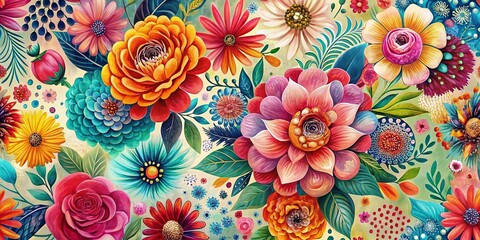 Wall Mural - A vibrant tapestry of blossoms, where petals in shades of crimson, gold, and azure dance in a lively symphony of color.