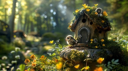 Wall Mural - A whimsical birdhouse nestled in a sun-dappled forest, adorned with flowers and moss, a tiny bird perched nearby.