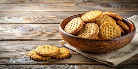 Wall Mural - A wooden bowl filled with golden brown cookies, resting on a rustic wooden surface beside a linen cloth, capturing the essence of simple pleasures and homemade treats.