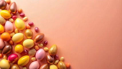 Wall Mural - Colorful Decorated Eggs and Candies Arranged on a Peach Background