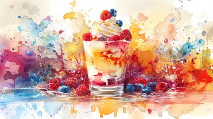 Wall Mural - Berry parfait with watercolor splash background.