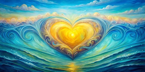 Wall Mural - serene heart of the ocean an abstract painting of whimsical waves and a glowing, central heart