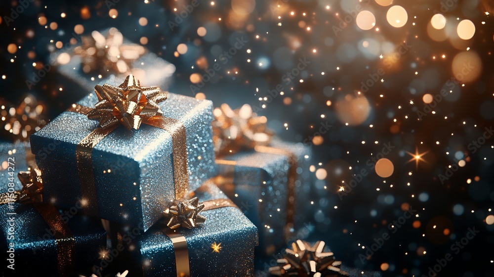 New Year card with gift boxes and gold particle background.