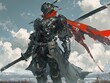 © Tiktok - Futuristic samurai warrior in dark armor with red scarf, standing against cloudy sky.