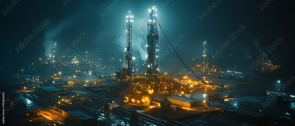 Night view of illuminated offshore oil rig and refinery complex. Stock ...