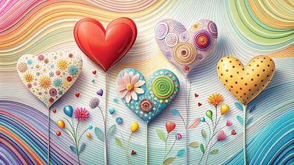 Wall Mural - Whimsical Heart-Shaped Balloons and Colorful Floral Designs on a Swirling Background