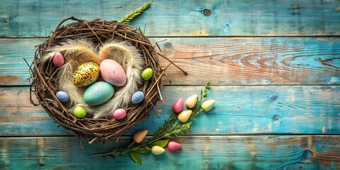 Wall Mural - A rustic bird's nest brimming with colorful Easter eggs rests on a weathered wooden surface, surrounded by delicate spring blossoms.