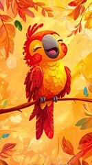 Sticker - Happy Parrot Perched On Branch Amidst Autumn Leaves