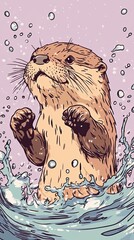 Poster - Playful Otter Emerging From Water Bubbles