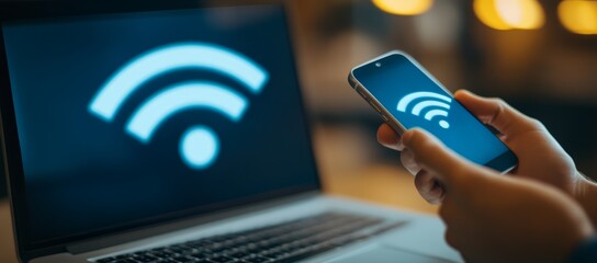 Person using phone and laptop with wifi symbol displayed.