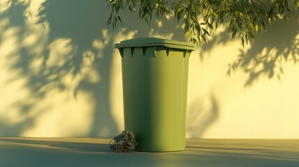 Canvas Print - Green Waste Bin Surrounded by Natural Shadow and Light Patterns