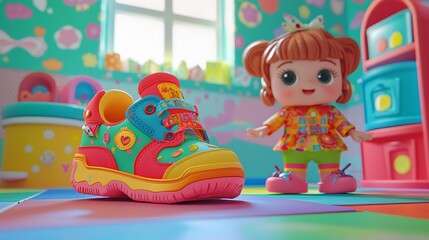 Colorful Childrens Shoe Near Playful Doll In Room