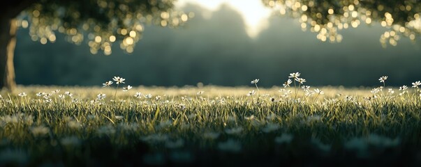 Sticker - Serene nature idea. A serene field with blooming flowers and soft sunlight illuminating the grass.