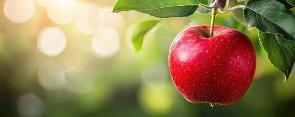 Apples orchard concept. A vibrant red apple hanging from a lush green tree branch in soft sunlight.