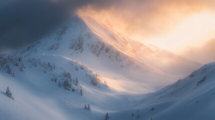 Golden sunrise illuminates snowy mountain peak and slopes.