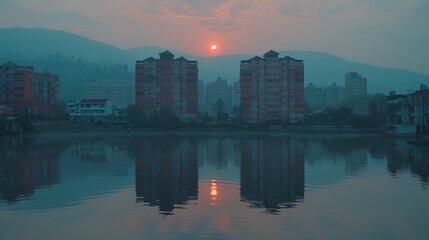 Wall Mural - Sunrise over calm lake reflecting buildings and hazy mountains.