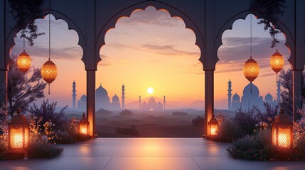 Wall Mural - Sunset view through ornate archway, showcasing a desert landscape with mosques and lit lanterns.