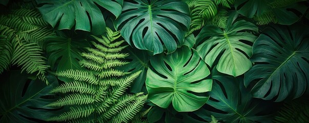 Wall Mural - Greenery palms idea. A vibrant close-up of lush green leaves with intricate textures and rich colors.