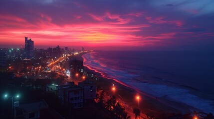 Wall Mural - Vibrant sunset over coastal city skyline at night, aerial view.