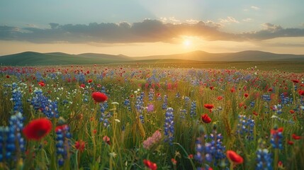 Wall Mural - Vibrant wildflowers in a field at sunset.