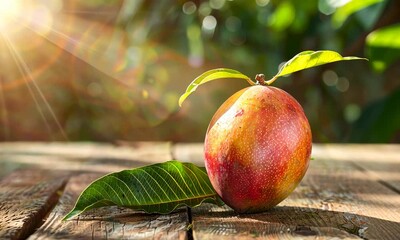 Wall Mural - Close-up of mango on wooden surface, sunlit background