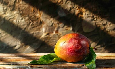 Wall Mural - Ripe mango on rustic table with green leaves