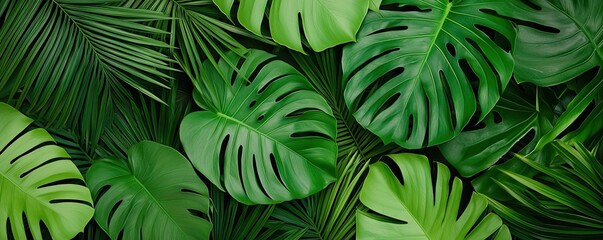 Wall Mural - Greenery palms idea. Vibrant tropical palm leaves creating a lush, green background, symbolizing nature and vitality.