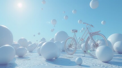 Wall Mural - White bicycle in surreal landscape of floating spheres under a bright sun.