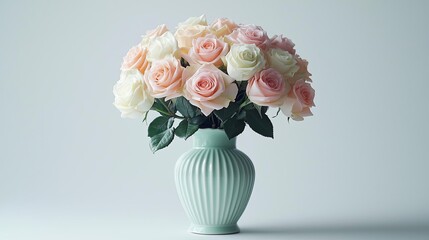 Poster - Minimal rose concept. A beautiful arrangement of pink and white roses in a light blue vase.