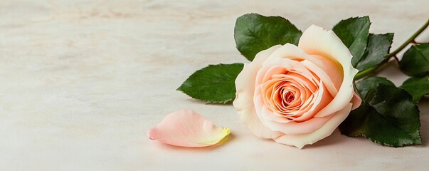 Wall Mural - Minimal rose idea. Delicate peach rose with a fallen petal on a soft marble background.