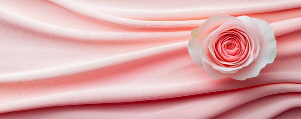 Poster - Minimal rose idea. A delicate rose resting on soft pink satin fabric, symbolizing elegance and beauty.