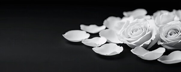 Sticker - Minimal rose concept. Elegant white roses and delicate petals arranged beautifully on a dark background.