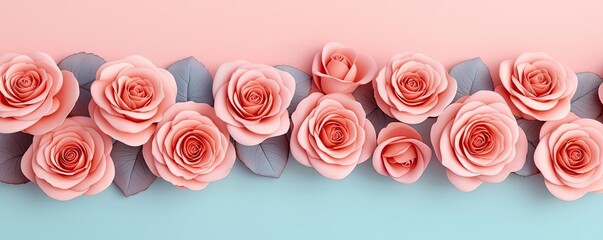 Wall Mural - Minimal rose concept. Beautiful pink roses arranged elegantly against a soft pastel background.