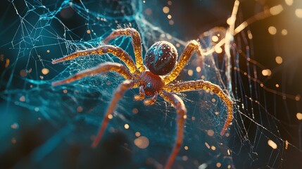 Golden Spider On Intricate Web In Darkness